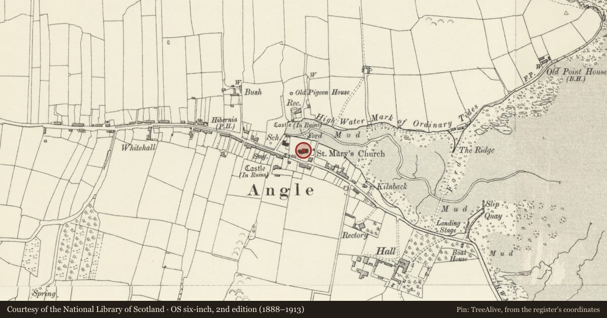 Ordnance Survey six-inch map, 2nd edition (1888–1913) covering the location of Church of St Mary, Angle, Pembrokeshire, with a pin at the register's coordinates