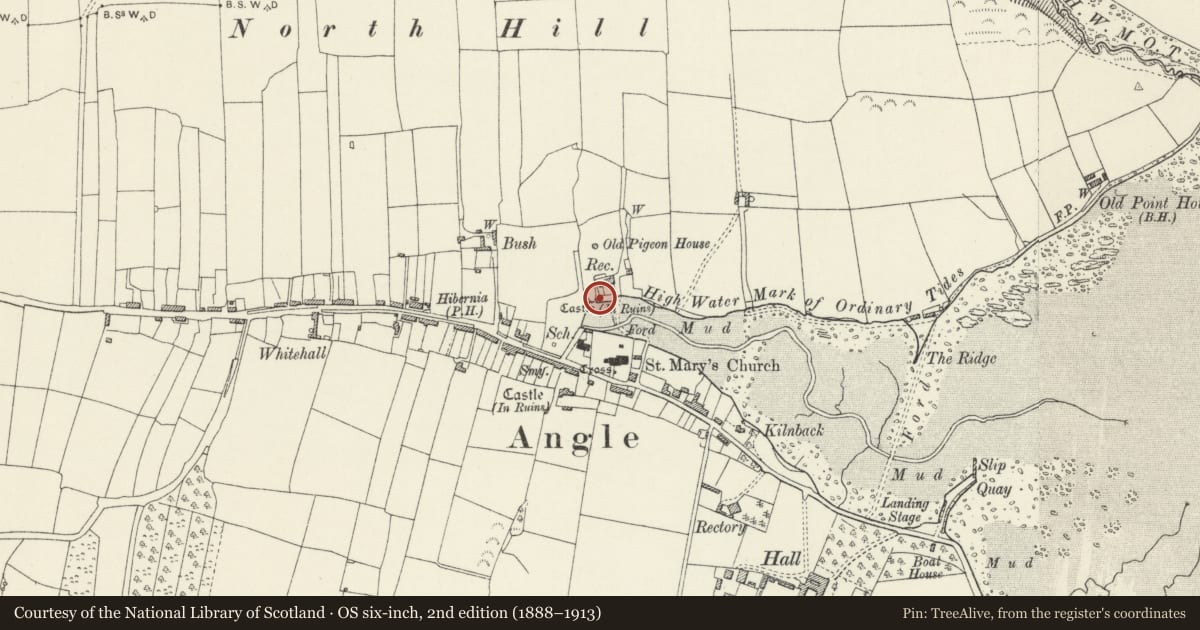 Ordnance Survey six-inch map, 2nd edition (1888–1913) covering the location of Pele Tower, Angle, Pembrokeshire, with a pin at the register's coordinates