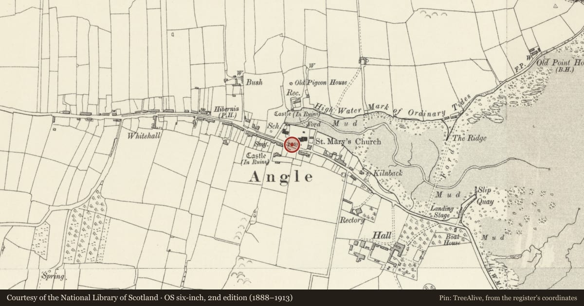 Ordnance Survey six-inch map, 2nd edition (1888–1913) covering the location of 7 Main Street, Angle, Pembrokeshire, with a pin at the register's coordinates
