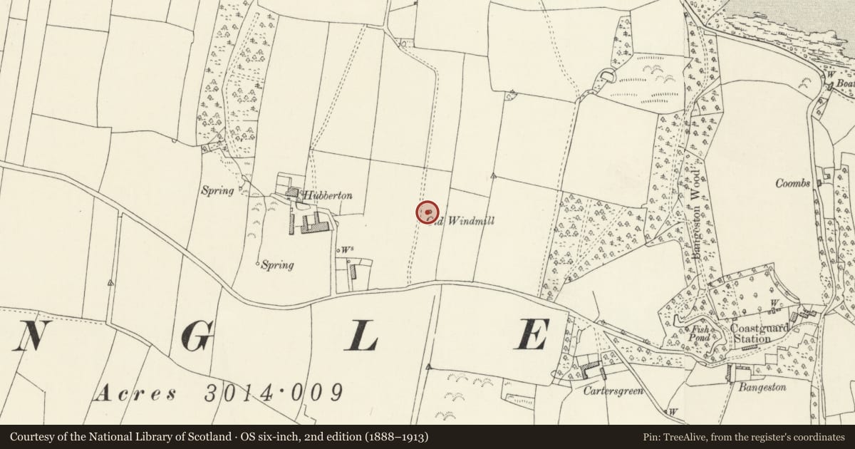 Ordnance Survey six-inch map, 2nd edition (1888–1913) covering the location of Windmill adapted as machine-gun post, Angle, Pembrokeshire, with a pin at the register's coordinates