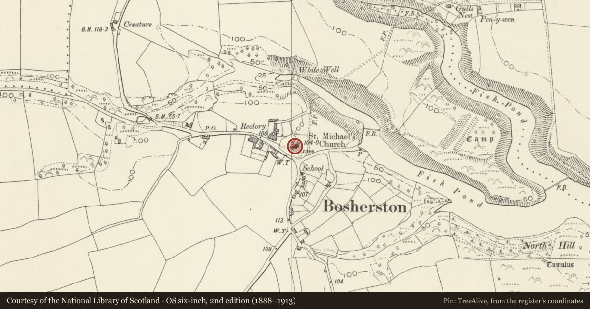 Ordnance Survey six-inch map, 2nd edition (1888–1913) covering the location of St. Michael and All Angel's Church, Stackpole and Castlemartin, Pembrokeshire, with a pin at the register's coordinates