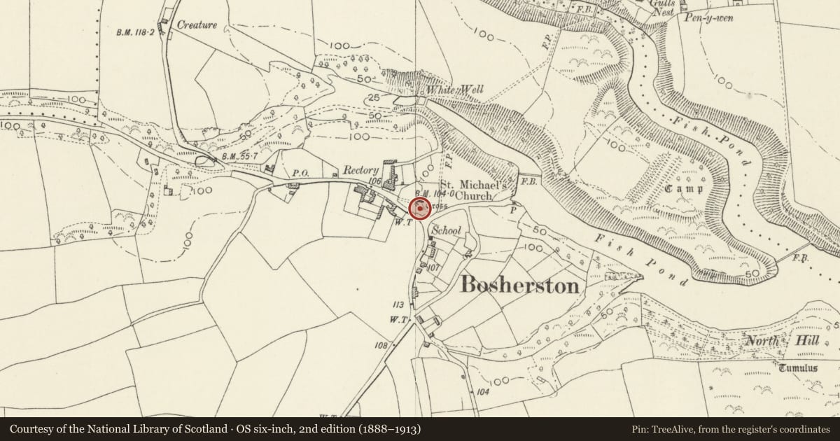 Ordnance Survey six-inch map, 2nd edition (1888–1913) covering the location of St. Michael and All Angels' Church Cross, Stackpole and Castlemartin, Pembrokeshire, with a pin at the register's coordinates