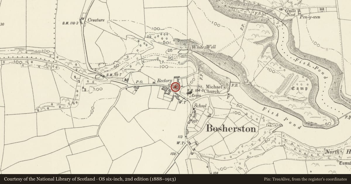 Ordnance Survey six-inch map, 2nd edition (1888–1913) covering the location of Style, Stackpole and Castlemartin, Pembrokeshire, with a pin at the register's coordinates
