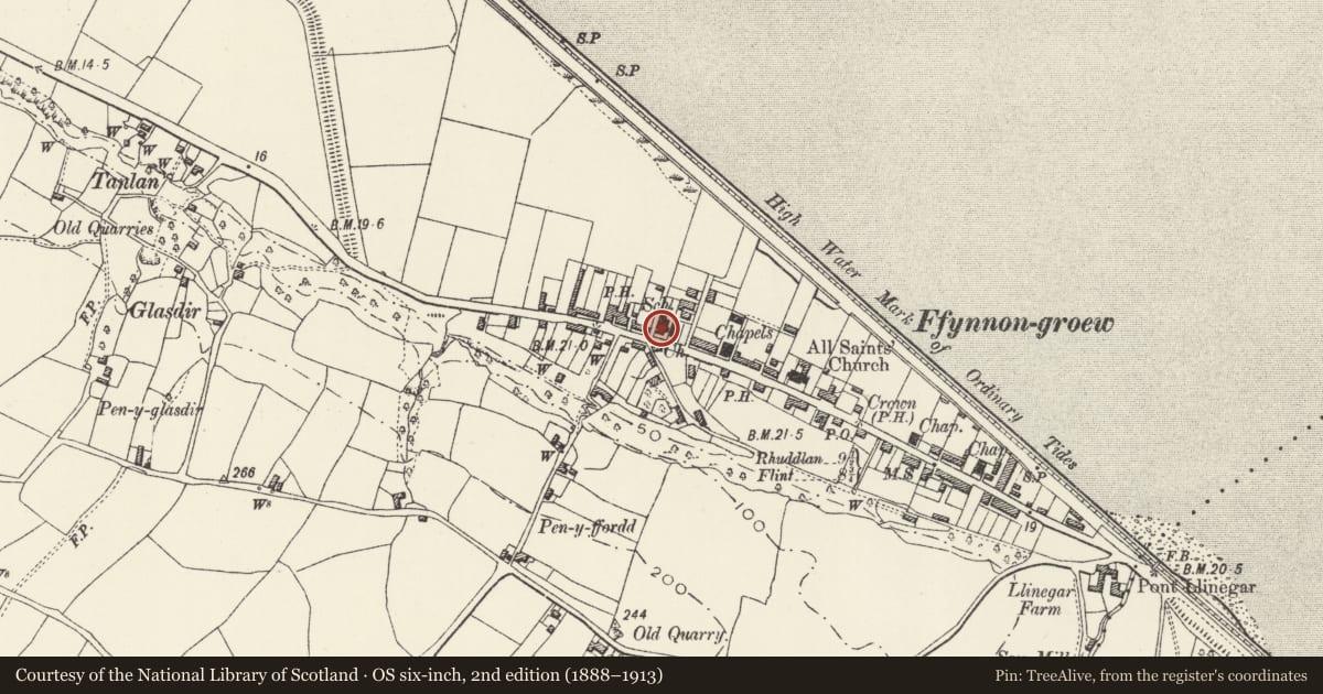 Ordnance Survey six-inch map, 2nd edition (1888–1913) covering the location of Former Ffynnongroyw School, Llanasa, Flintshire, with a pin at the register's coordinates