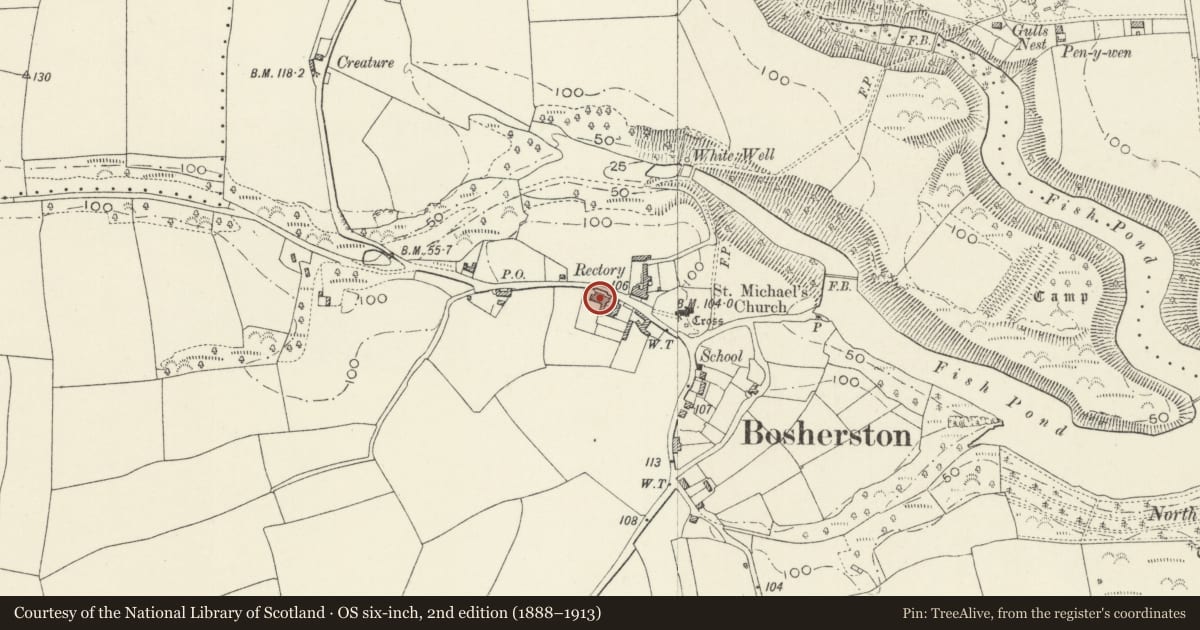 Ordnance Survey six-inch map, 2nd edition (1888–1913) covering the location of Old Rectory, Stackpole and Castlemartin, Pembrokeshire, with a pin at the register's coordinates