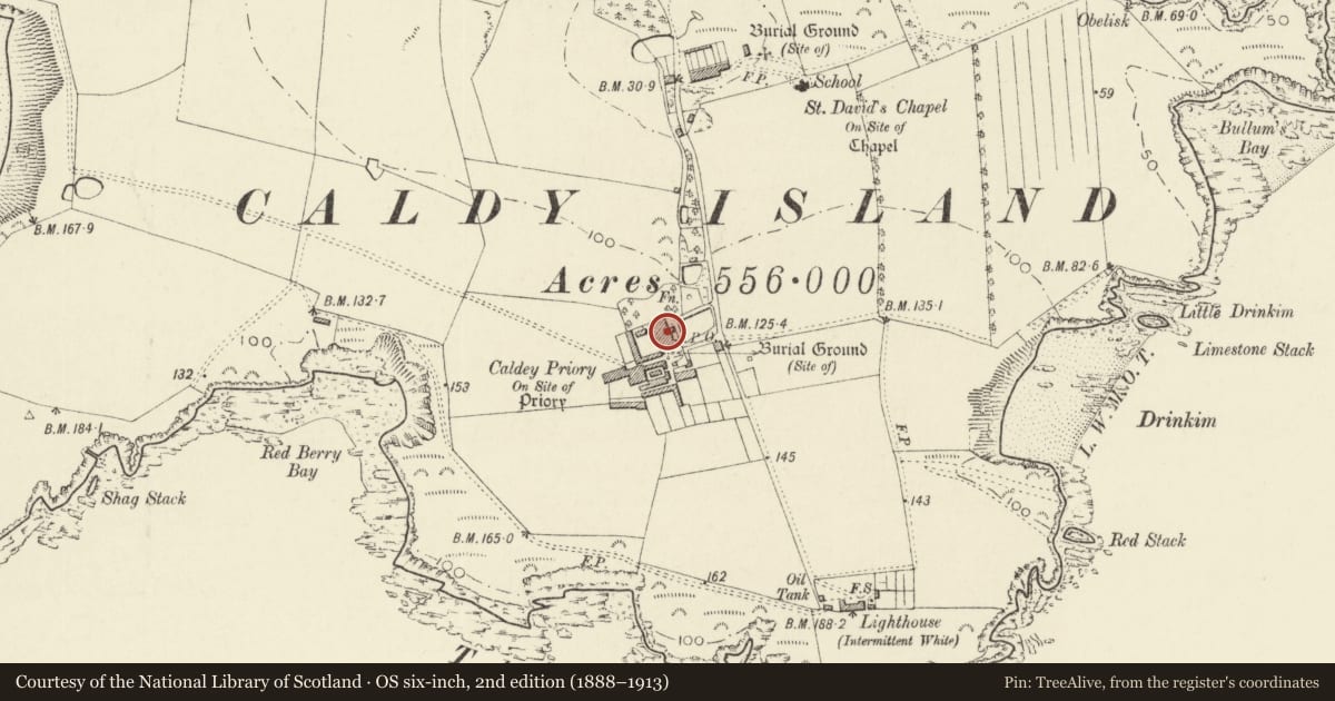 Ordnance Survey six-inch map, 2nd edition (1888–1913) covering the location of Caldey Priory, including church and monastery remains, Tenby, Pembrokeshire, with a pin at the register's coordinates