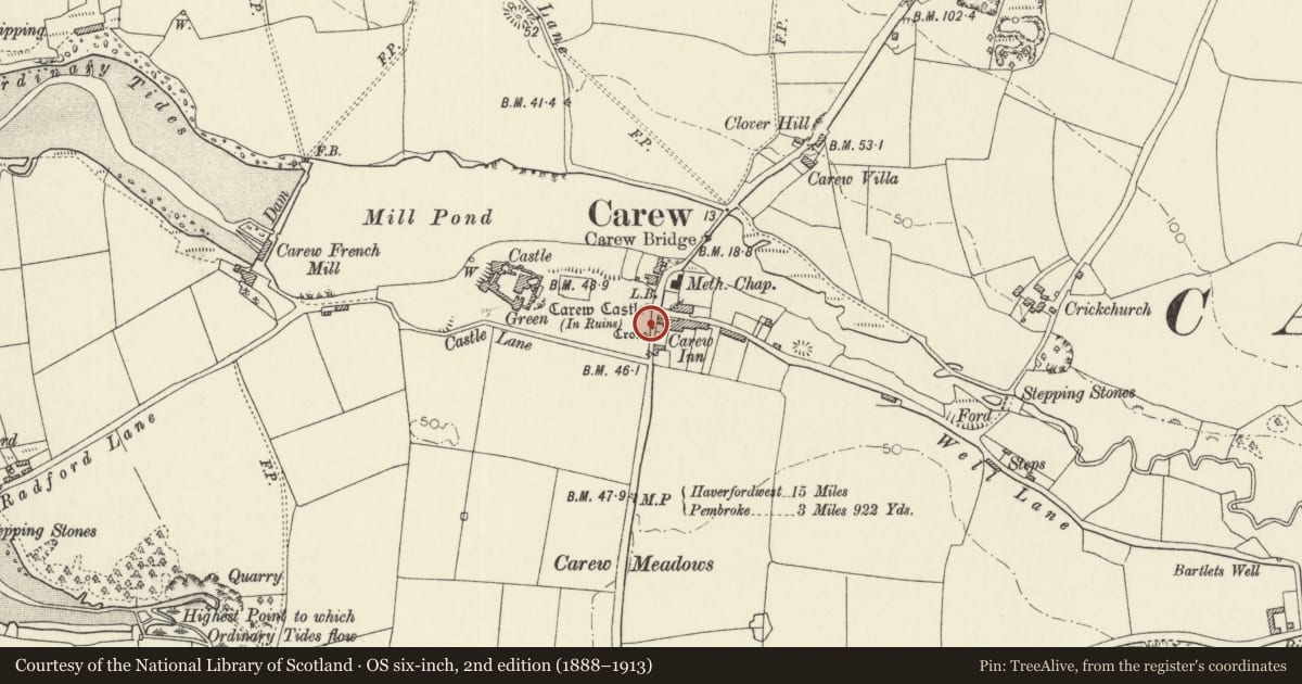 Ordnance Survey six-inch map, 2nd edition (1888–1913) covering the location of The Carew Cross, Pembrokeshire, with a pin at the register's coordinates