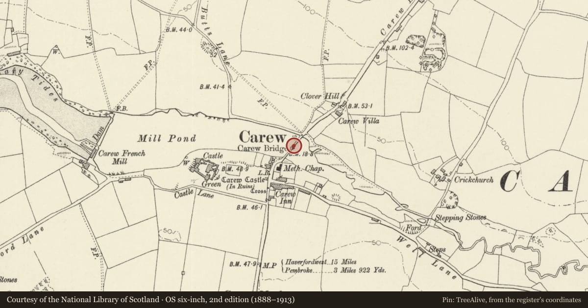 Ordnance Survey six-inch map, 2nd edition (1888–1913) covering the location of Carew Bridge, Pembrokeshire, with a pin at the register's coordinates