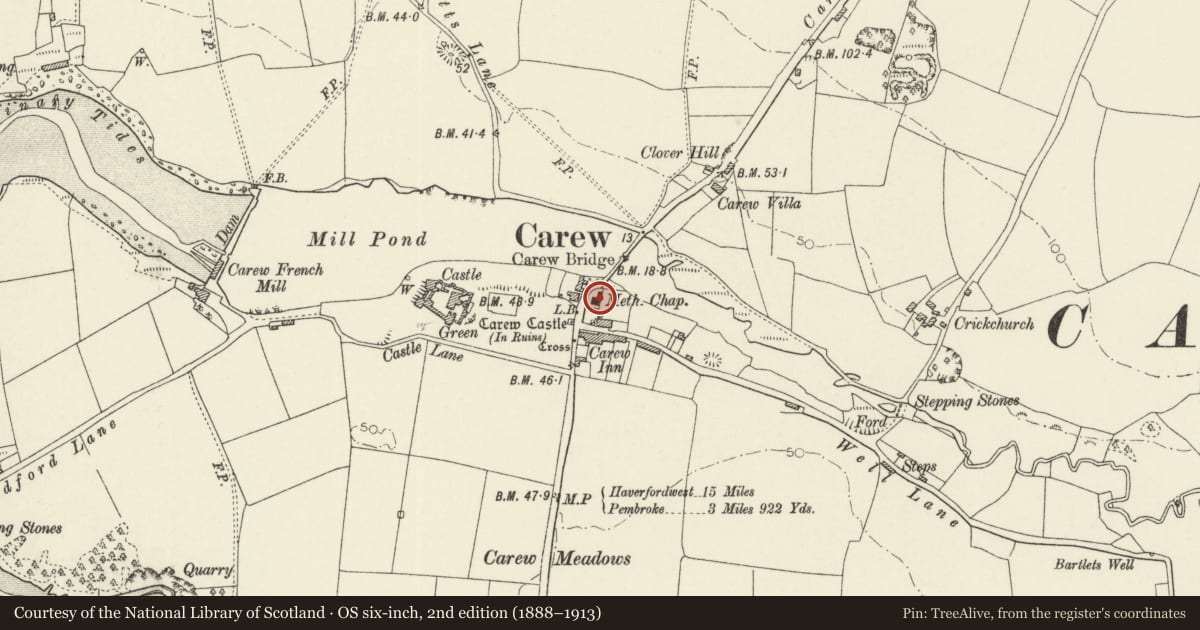 Ordnance Survey six-inch map, 2nd edition (1888–1913) covering the location of Wesley Chapel, Carew, Pembrokeshire, with a pin at the register's coordinates
