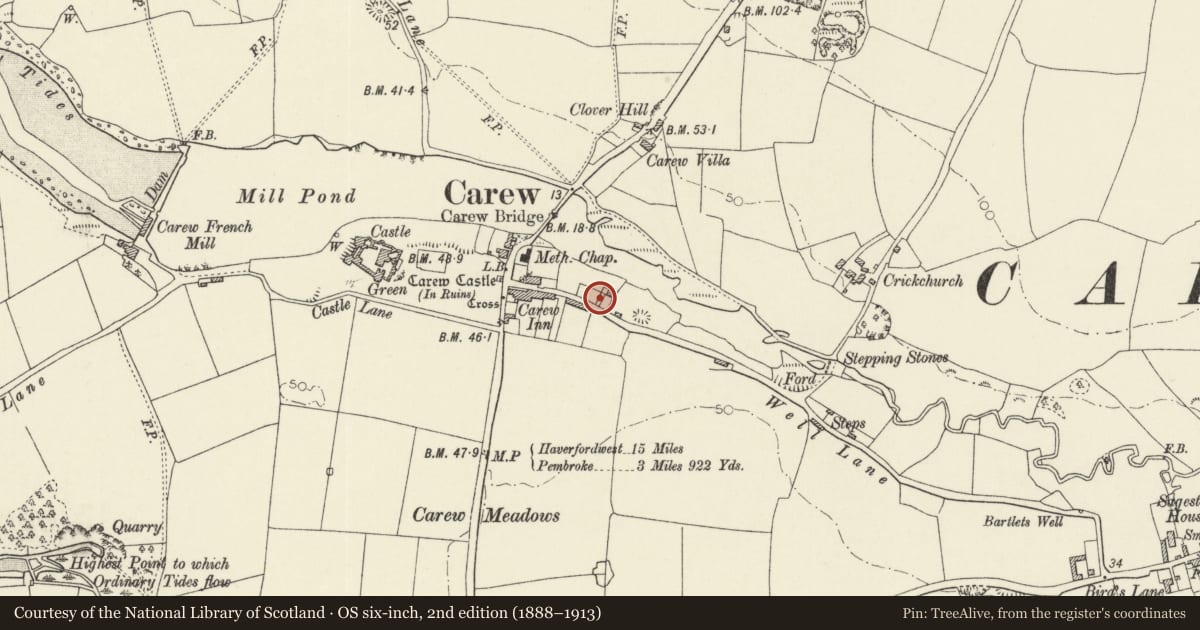 Ordnance Survey six-inch map, 2nd edition (1888–1913) covering the location of Old Cottage Chimney, Carew, Pembrokeshire, with a pin at the register's coordinates