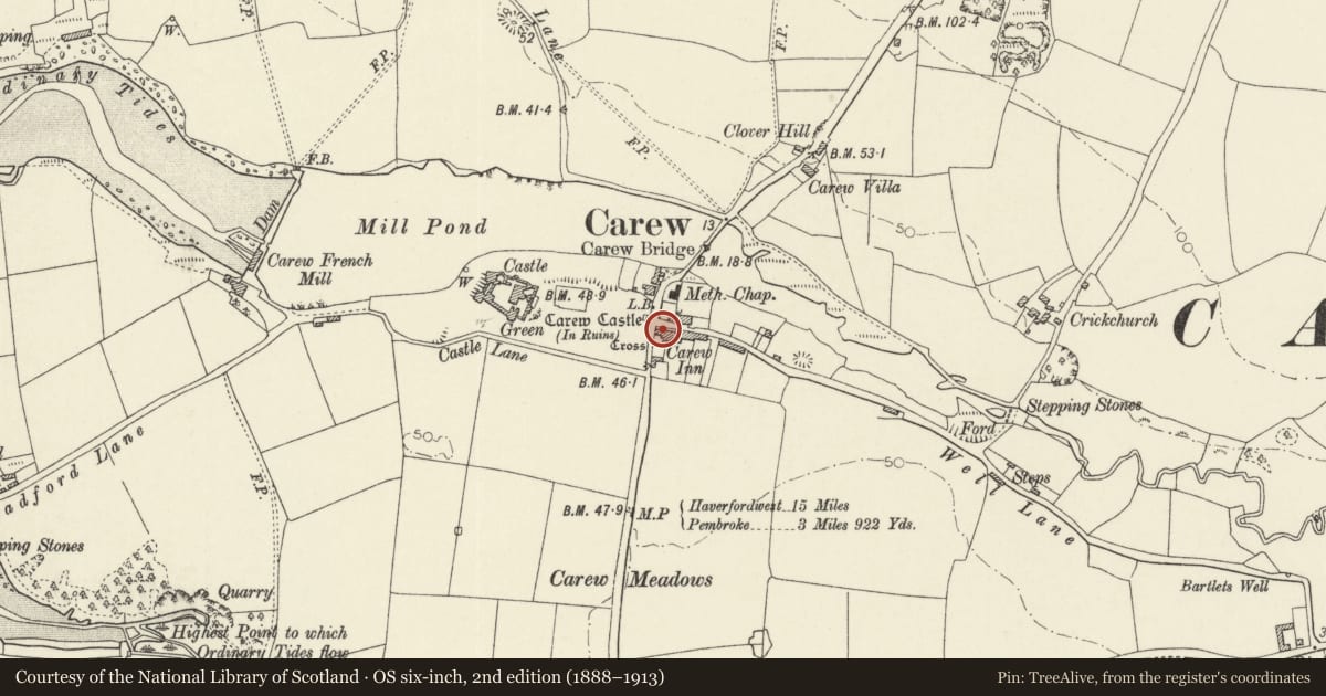 Ordnance Survey six-inch map, 2nd edition (1888–1913) covering the location of Carew Inn, Pembrokeshire, with a pin at the register's coordinates