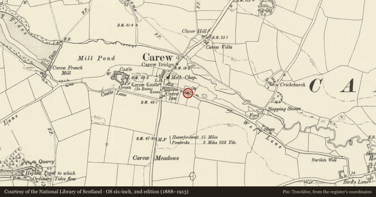 Ordnance Survey six-inch map, 2nd edition (1888–1913) covering the location of 9 Picton Terrace, Carew, Pembrokeshire, with a pin at the register's coordinates