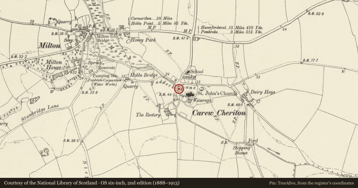 Ordnance Survey six-inch map, 2nd edition (1888–1913) covering the location of St. Mary's Churchyard Wall, Carew, Pembrokeshire, with a pin at the register's coordinates