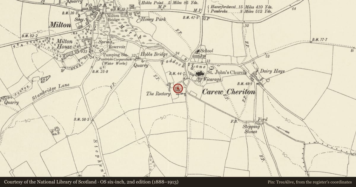 Ordnance Survey six-inch map, 2nd edition (1888–1913) covering the location of The Fortified Rectory, Carew, Pembrokeshire, with a pin at the register's coordinates