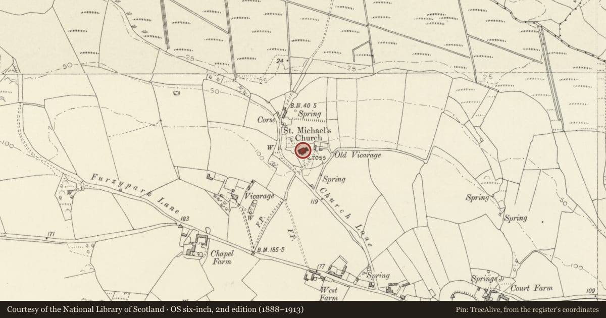 Ordnance Survey six-inch map, 2nd edition (1888–1913) covering the location of Church of St. Michael, Castlemartin, Pembrokeshire, with a pin at the register's coordinates