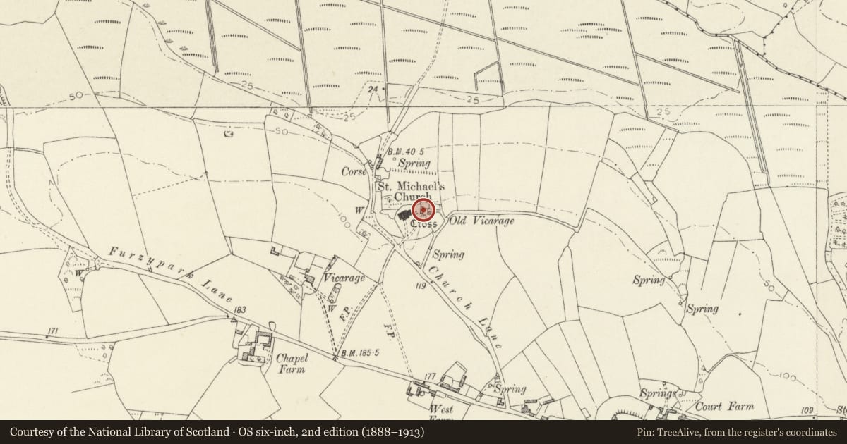 Ordnance Survey six-inch map, 2nd edition (1888–1913) covering the location of The Old Vicarage (remains), Castlemartin, Pembrokeshire, with a pin at the register's coordinates