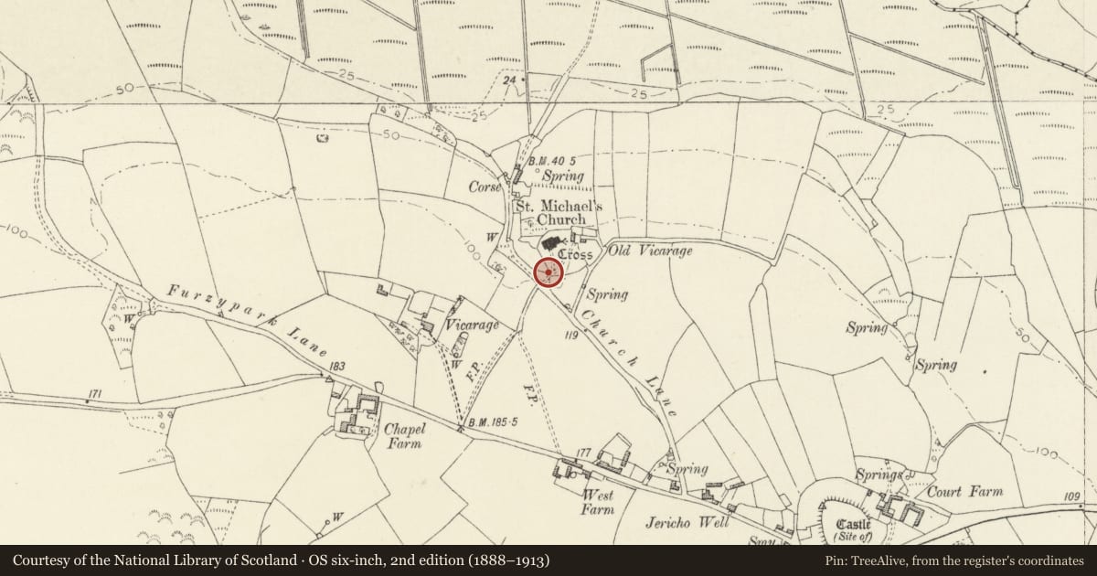 Ordnance Survey six-inch map, 2nd edition (1888–1913) covering the location of Mounting Platform, Castlemartin, Pembrokeshire, with a pin at the register's coordinates