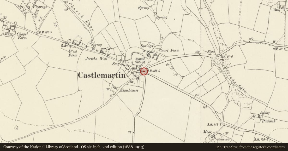 Ordnance Survey six-inch map, 2nd edition (1888–1913) covering the location of The Old Pound, Castlemartin, Pembrokeshire, with a pin at the register's coordinates