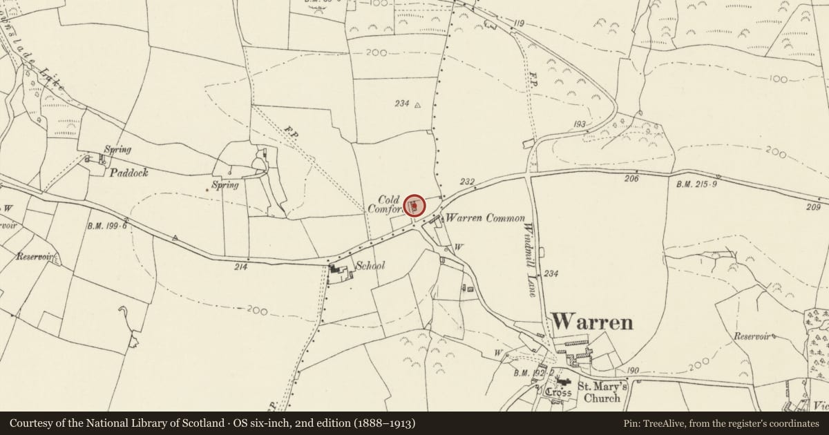 Ordnance Survey six-inch map, 2nd edition (1888–1913) covering the location of Cold Comfort, Castlemartin, Pembrokeshire, with a pin at the register's coordinates