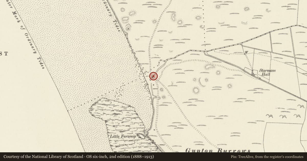 Ordnance Survey six-inch map, 2nd edition (1888–1913) covering the location of Corse Bridge and attached Walled Channel, Angle, Pembrokeshire, with a pin at the register's coordinates