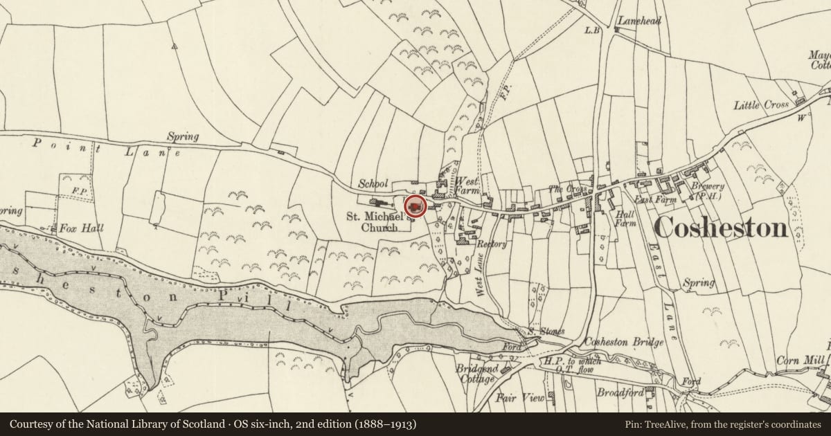 Ordnance Survey six-inch map, 2nd edition (1888–1913) covering the location of St Michael's Church, Cosheston, Pembrokeshire, with a pin at the register's coordinates