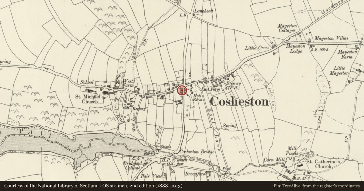 Ordnance Survey six-inch map, 2nd edition (1888–1913) covering the location of Hill House and Garden Wall, Cosheston, Pembrokeshire, with a pin at the register's coordinates