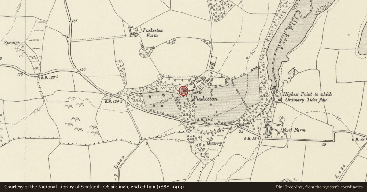 Ordnance Survey six-inch map, 2nd edition (1888–1913) covering the location of Paskeston Hall, Cosheston, Pembrokeshire, with a pin at the register's coordinates