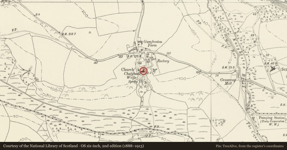 Ordnance Survey six-inch map, 2nd edition (1888–1913) covering the location of Church of St Lawrence, St. Florence, Pembrokeshire, with a pin at the register's coordinates