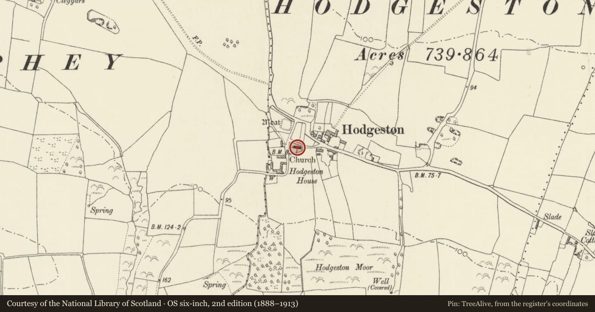 Ordnance Survey six-inch map, 2nd edition (1888–1913) covering the location of Hodgeston Parish Church, Lamphey, Pembrokeshire, with a pin at the register's coordinates