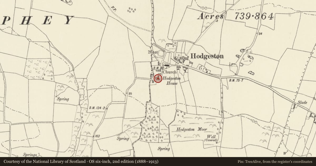 Ordnance Survey six-inch map, 2nd edition (1888–1913) covering the location of Hodgeston Hall, Lamphey, Pembrokeshire, with a pin at the register's coordinates