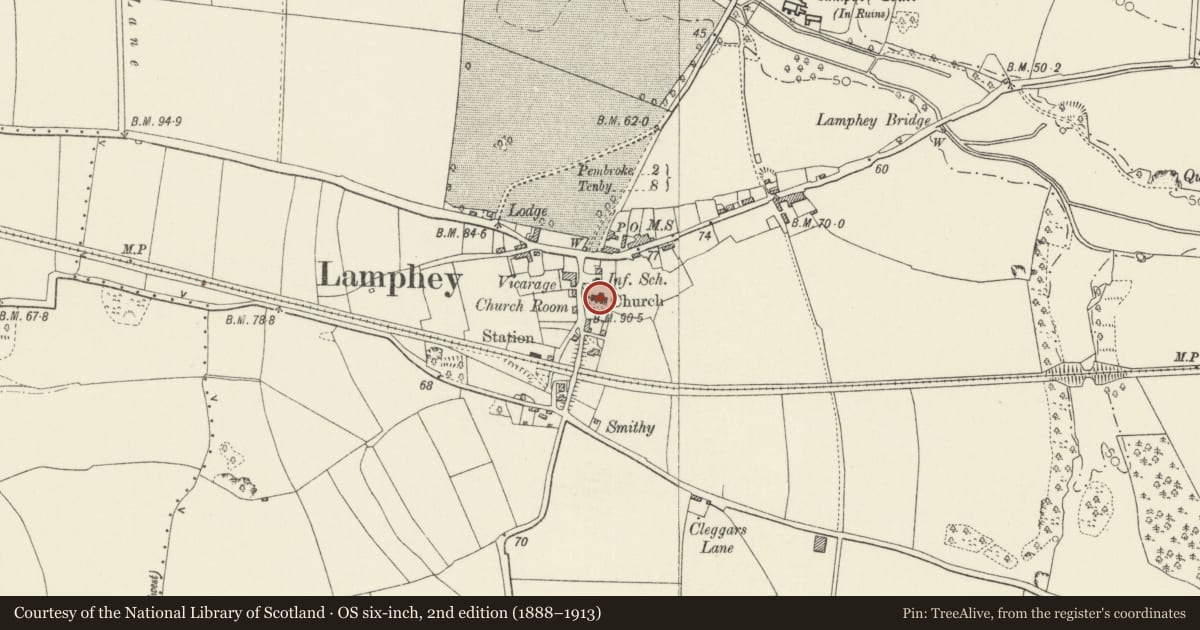 Ordnance Survey six-inch map, 2nd edition (1888–1913) covering the location of Church of St Tyfie and St Faith, Lamphey, Pembrokeshire, with a pin at the register's coordinates