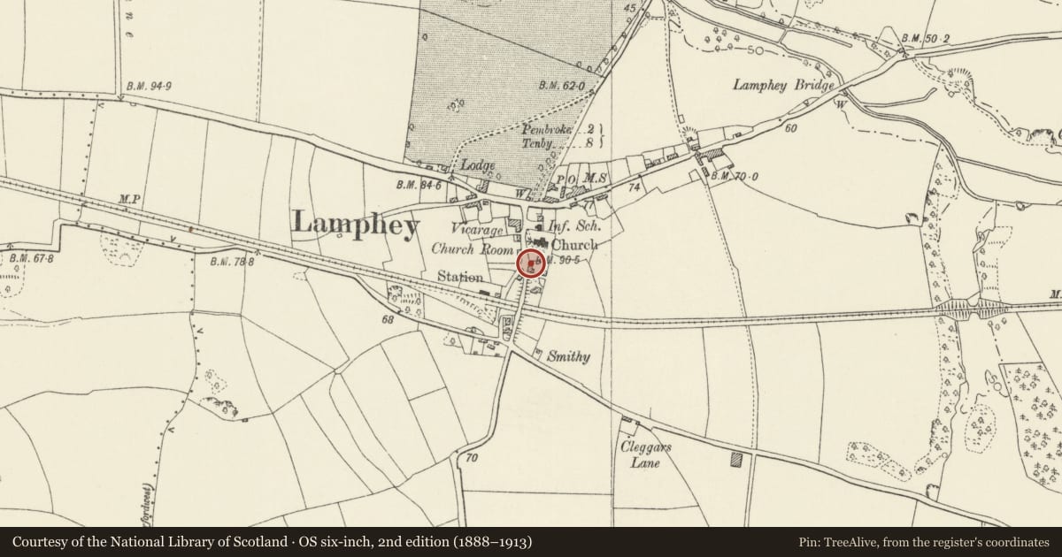 Ordnance Survey six-inch map, 2nd edition (1888–1913) covering the location of Baker's Cottage, Lamphey, Pembrokeshire, with a pin at the register's coordinates