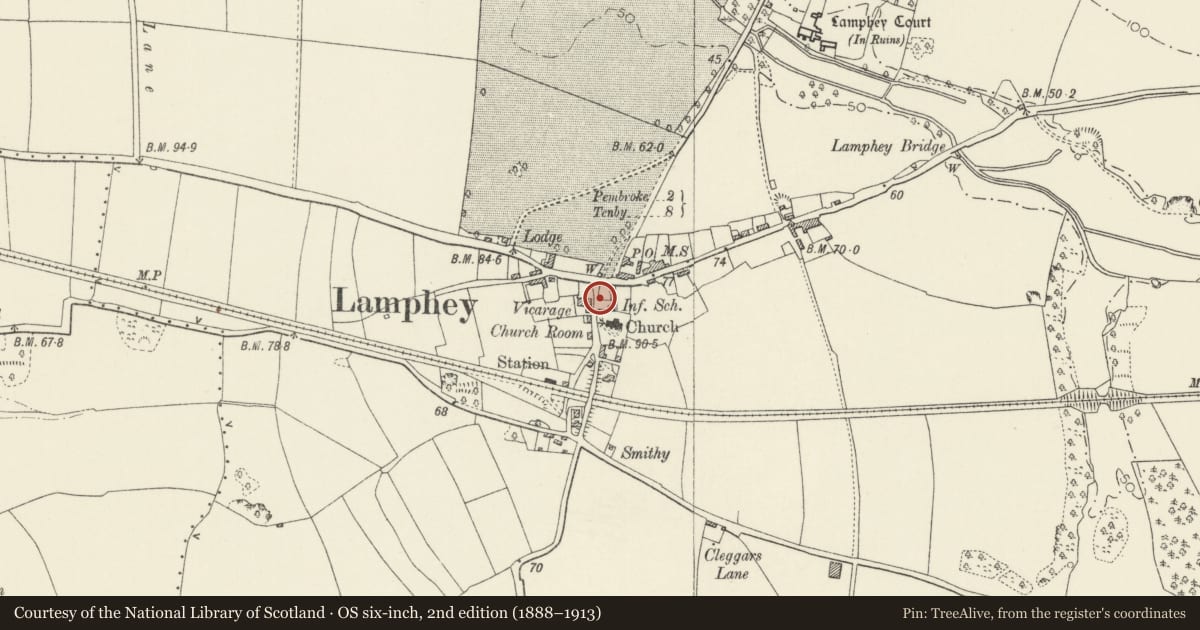 Ordnance Survey six-inch map, 2nd edition (1888–1913) covering the location of Upright Grave Slab in Old School House Wall (Formerly included with Lamphey Church), Pembrokeshire, with a pin at the register's coordinates