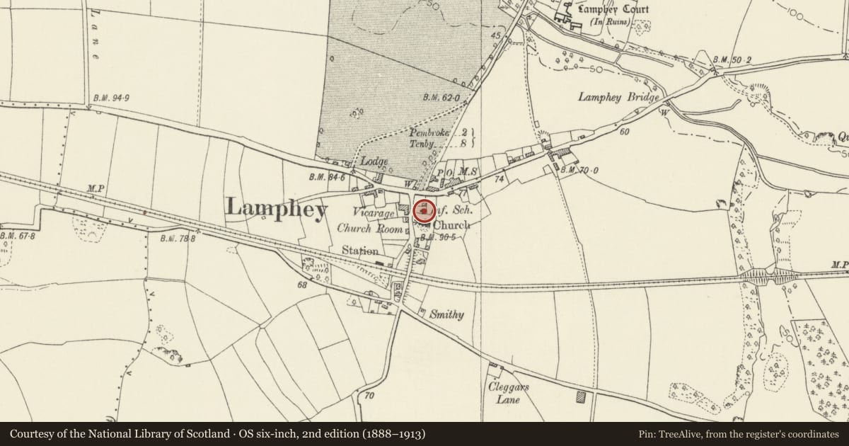 Ordnance Survey six-inch map, 2nd edition (1888–1913) covering the location of Old School House, Lamphey, Pembrokeshire, with a pin at the register's coordinates