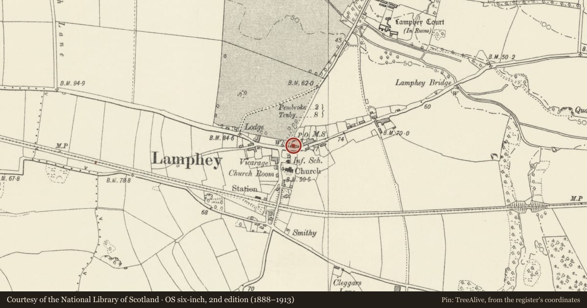 Ordnance Survey six-inch map, 2nd edition (1888–1913) covering the location of Court House, Lamphey, Pembrokeshire, with a pin at the register's coordinates