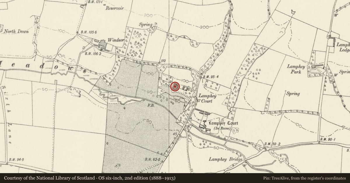 Ordnance Survey six-inch map, 2nd edition (1888–1913) covering the location of Lamphey Court, Pembrokeshire, with a pin at the register's coordinates