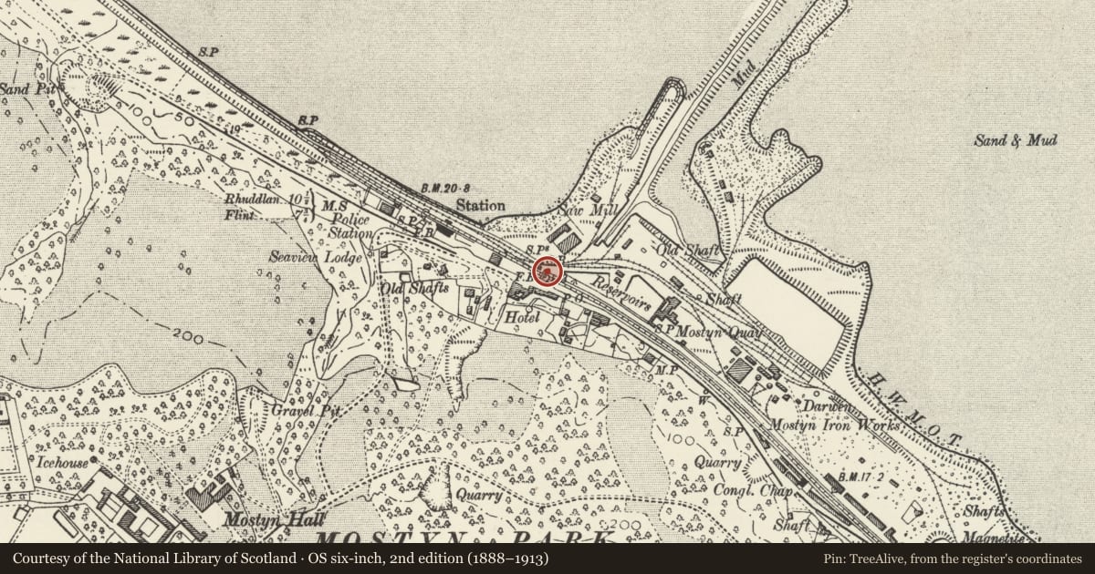 Ordnance Survey six-inch map, 2nd edition (1888–1913) covering the location of Mostyn No. 1 Signal Box, Flintshire, with a pin at the register's coordinates