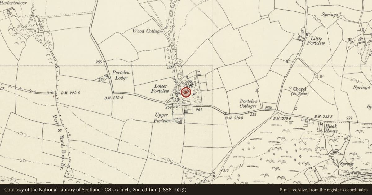 Ordnance Survey six-inch map, 2nd edition (1888–1913) covering the location of Portclew House, Lamphey, Pembrokeshire, with a pin at the register's coordinates