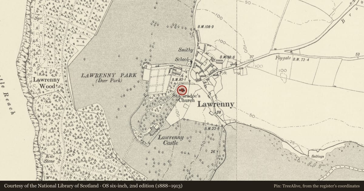Ordnance Survey six-inch map, 2nd edition (1888–1913) covering the location of Church of St Caradoc, Martletwy, Pembrokeshire, with a pin at the register's coordinates
