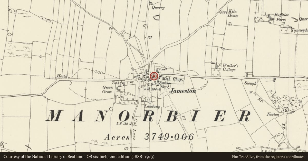 Ordnance Survey six-inch map, 2nd edition (1888–1913) covering the location of Swan Lake Inn, Manorbier, Pembrokeshire, with a pin at the register's coordinates