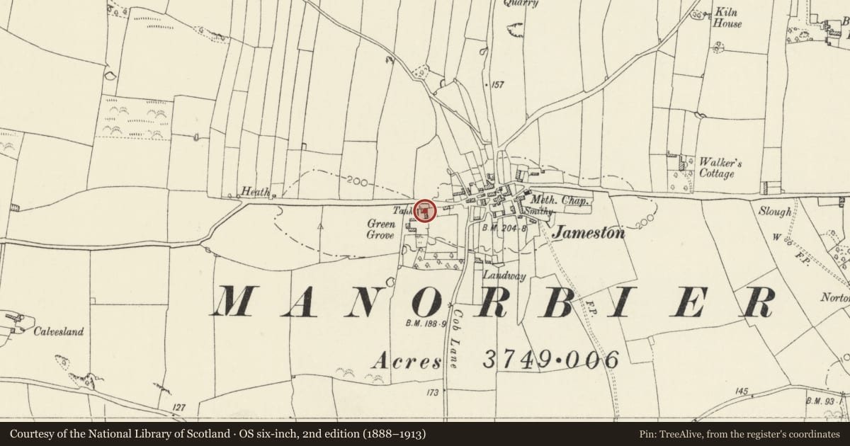 Ordnance Survey six-inch map, 2nd edition (1888–1913) covering the location of Green Grove, Manorbier, Pembrokeshire, with a pin at the register's coordinates