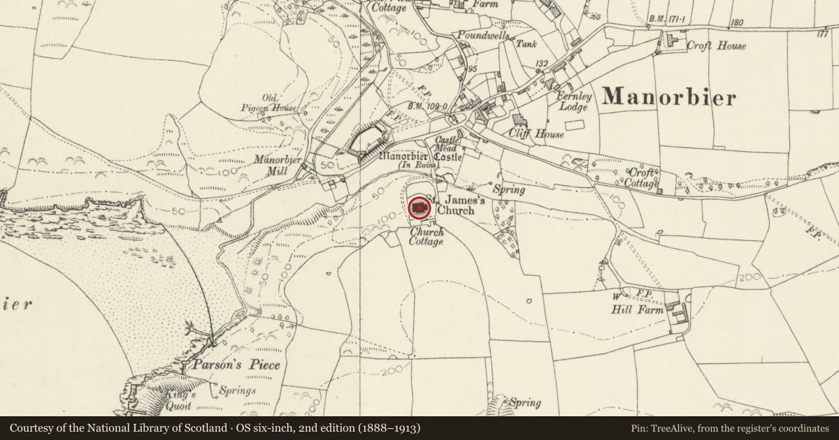Ordnance Survey six-inch map, 2nd edition (1888–1913) covering the location of St James' Church, Manorbier, Pembrokeshire, with a pin at the register's coordinates
