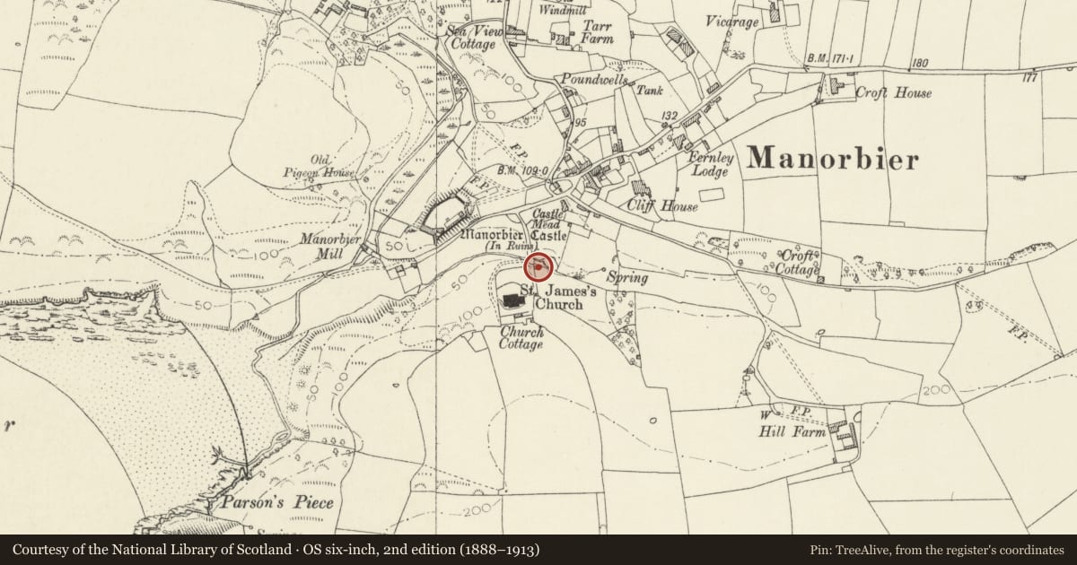 Ordnance Survey six-inch map, 2nd edition (1888–1913) covering the location of Shute Cottage, Manorbier, Pembrokeshire, with a pin at the register's coordinates