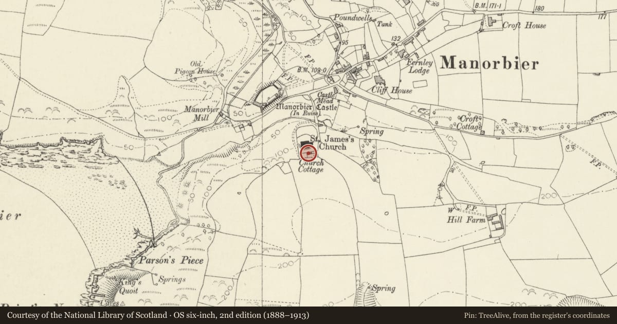 Ordnance Survey six-inch map, 2nd edition (1888–1913) covering the location of Church Hill Cottage, Manorbier, Pembrokeshire, with a pin at the register's coordinates