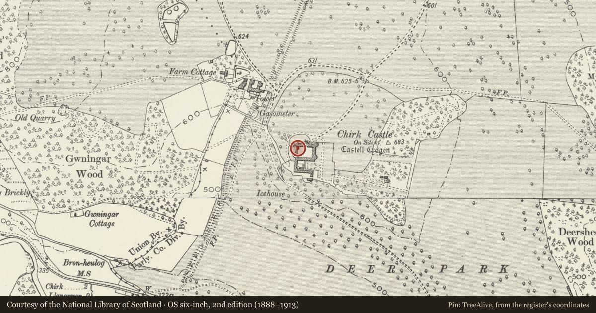 Ordnance Survey six-inch map, 2nd edition (1888–1913) covering the location of Chirk Castle, Wrexham, with a pin at the register's coordinates