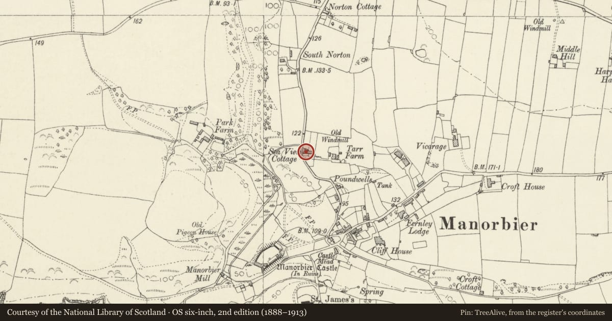Ordnance Survey six-inch map, 2nd edition (1888–1913) covering the location of Blue Dolphins, Manorbier, Pembrokeshire, with a pin at the register's coordinates