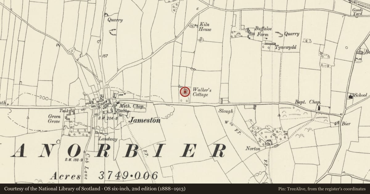 Ordnance Survey six-inch map, 2nd edition (1888–1913) covering the location of Tudor Lodge, Manorbier, Pembrokeshire, with a pin at the register's coordinates