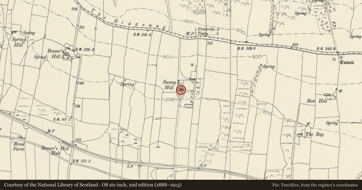 Ordnance Survey six-inch map, 2nd edition (1888–1913) covering the location of Sunny Hill Farmhouse, Manorbier, Pembrokeshire, with a pin at the register's coordinates