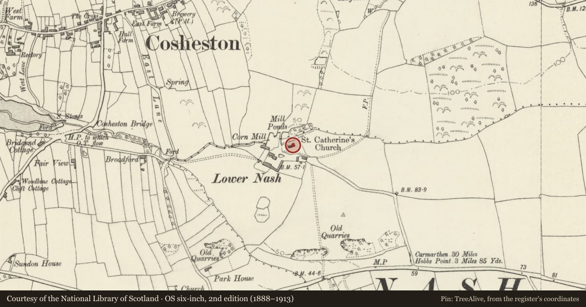 Ordnance Survey six-inch map, 2nd edition (1888–1913) covering the location of Church of St Mary, Cosheston, Pembrokeshire, with a pin at the register's coordinates
