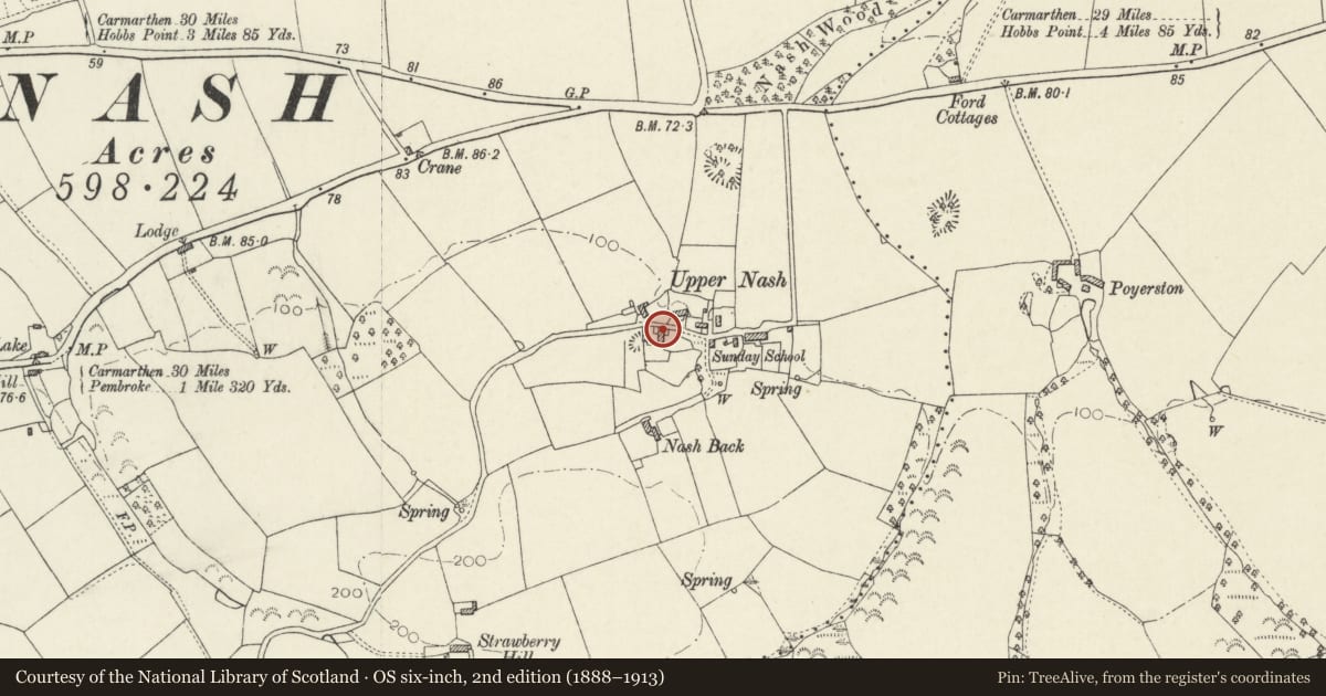 Ordnance Survey six-inch map, 2nd edition (1888–1913) covering the location of Upper Nash Farmhouse, Cosheston, Pembrokeshire, with a pin at the register's coordinates